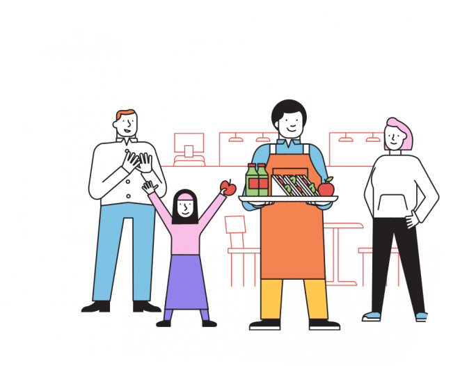 Kantinemedewerker met een dienblad met gezonde voeding en daarnaast een kind en ouders